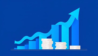 Fototapeta premium Illustration of a rising financial graph with stacks of coins and a blue background.