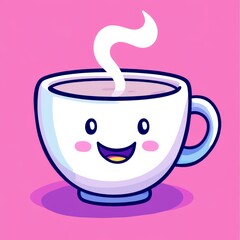 A cheerful cartoon coffee cup with a smiling face and steam rising, set against a bright pink background.