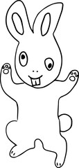 funny hare looks in different directions with his eyes, raising his paws up, smiles and runs