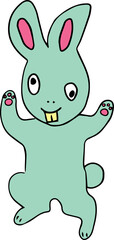 a funny hare with yellow teeth and greenish fur looks with his eyes in different directions, raising his paws up, smiles and runs
