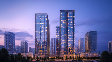 Obraz premium City Skyline at Blue Hour with Modern High-Rise Buildings