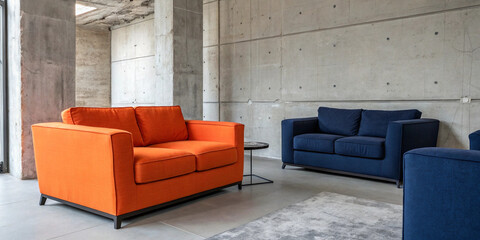 Minimalist, scandinavian home interior design of modern spacious living room with beige soft armchairs and sofa, a large abstract artwork on the wall,