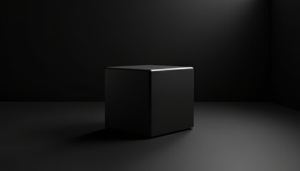 A sleek black cube illuminated in a minimalist dark setting.
