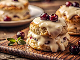 Tasty biscuit with creamy sauce. Delicious Food background