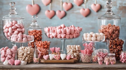 This charming candy table showcases an array of pink-themed sweets, creating a festive atmosphere perfect for Valentine's Day gatherings. Heart-shaped candies abound, enticing guests