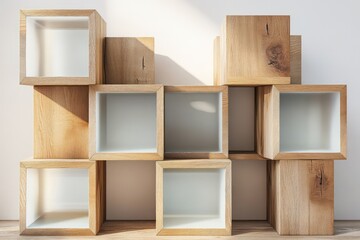 Modular cube shelves stacked in artistic arrangements, combining natural oak and frosted glass for modern interiors