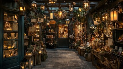 Cozy candlelit shop interior with floral decorations and lanterns.