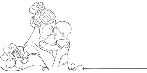 Mother and baby line art vector illustration, mothers day celebration background