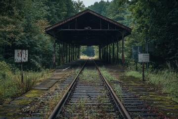 Abandoned train station surrounded by overgrown tracks enigmatic nature scene quiet environment capturing forgotten history of transportation