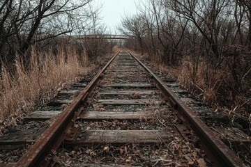 Fototapeta premium Discovering the charm of an abandoned railroad track in a wild overgrown landscape capturing nature's beauty and tranquility on a gloomy day invoking nostalgia