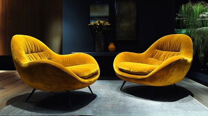 Stylish lounge area with sophisticated yellow armchairs featuring a soft curved design and black metal legs all set on a dark background that enhances their contemporary minimalist appeal