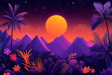 Vibrant Tropical Sunset Over Mountains at Night