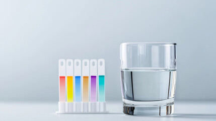 Clear water in glass beside water quality test kit with pH strips