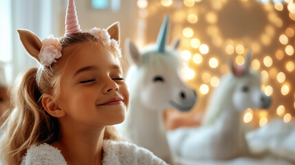 Girl in unicorn headband smiling with glowing lights in the background.