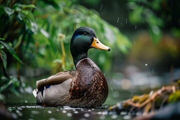Obraz premium Closeup of a mallard duck during gentle rain, showcasing its vibrant plumage amidst lush greenery