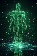 Glowing Neon Cyborg Figure in Ethereal Digital Landscape with Holographic Matrix Background