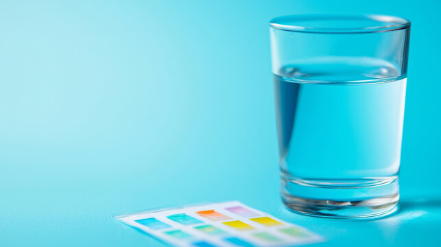 Clear glass of water beside water quality test kit with pH strips
