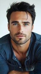 Obraz premium Handsome Man with Serious Expression in Blue Jacket Gazing Thoughtfully