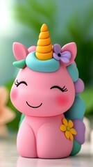 Fototapeta premium Cute pink unicorn toy with a flower accessory, set against a blurred green background.