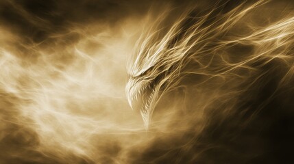 Fiery Dragon Head Emerging from Golden Mist