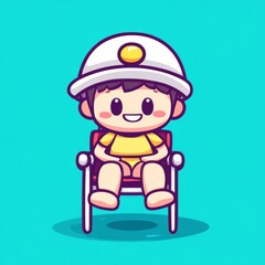 A cheerful cartoon child sits on a chair, wearing a yellow shirt and a white hat, against a bright turquoise background.