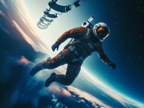 An astronaut in a modern spacesuit floating in zero gravity in outer space. Surrounded by stars and abstract cosmic swirls.