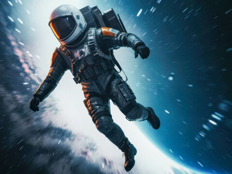 An astronaut in a modern spacesuit floating in zero gravity in outer space. Surrounded by stars and abstract cosmic swirls.