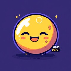 A cheerful, round character with a big smile and sparkles, set against a purple background, featuring the phrase "Dream BIG!" in playful font.