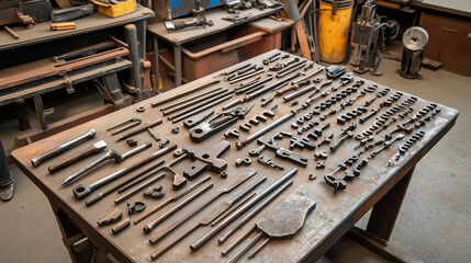 Fototapeta premium Various metalworking tools arranged on a workbench in a workshop.