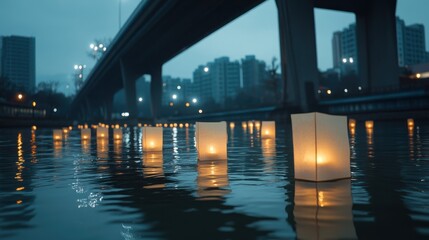 Fototapeta premium Tranquil Water Scene with Floating Lanterns Under Urban Bridge