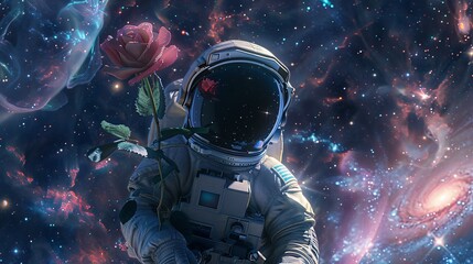 A single rose sprouting from an astronaut helmet in space, surrounded by swirling galaxies and luminous nebulae, rendered in hyper detail with volumetric lighting