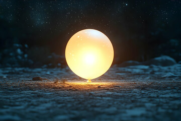 Glowing Orb in a Night Sky Mysterious cosmic scene with a bright, illuminated sphere emitting a warm light against a dark blue background speckled wit