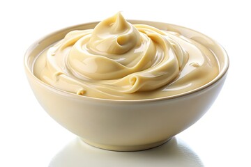 Indulgent melted white chocolate bowl, creamy texture, isolated, perfect for dessert photography.
