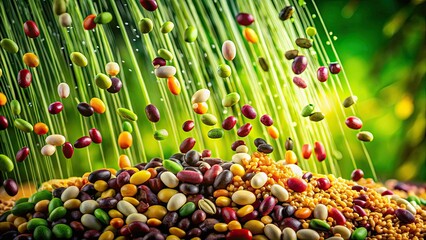 Long exposure captures vibrant legume growth, stop-motion style, against an eco-friendly green backdrop.