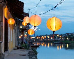 Obraz premium Charming Evening Scene with Lanterns by the Riverside