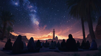 An outdoor prayer gathering under a vast starry sky during the peaceful nights of Ramadan