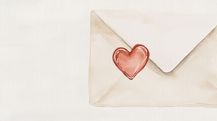 The image depicts a watercolor illustration of an envelope with a red heart-shaped wax seal on it, set against a plain white background