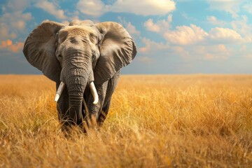 Fototapeta premium Large male elephant with big tusks walking through golden savanna grass under a cloudy sky