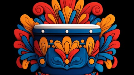 A vibrant drum with intricate, colorful patterns in blue, red, and yellow.