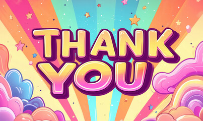Thank You" text with pastel shades, colorful beams, and playful clouds. Fits thank you cards, notes, community events, LGBT pride, youth projects, creative events, birthdays, and casual celebrations.