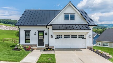 Fototapeta premium A modern farmhouse-style garage in white and black, featuring large windows