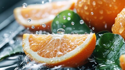 An artistic shot of orange slices immersed in water, creating a refreshing splash that embodies a...