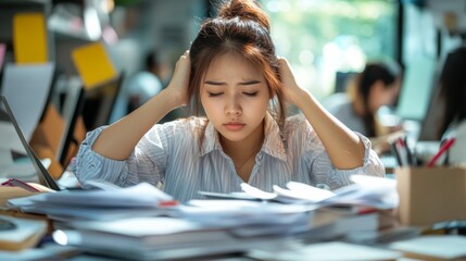 Busy smart young asian girl student marketing smm manager social media worker freelancer intern businesswoman working remote distant studding in office desk in coworking space. College education