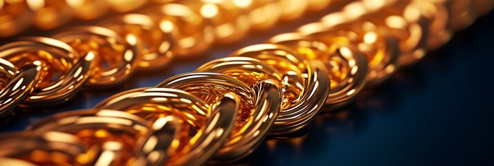 Closeup of a shimmering gold chain reflecting light.