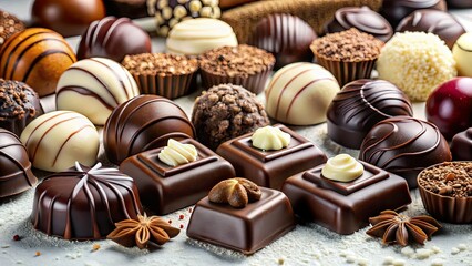 Mouthwatering chocolate assortment.  Rich cocoa, decadent sweets, perfect confectionery backdrop.