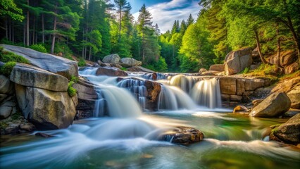 Fototapeta premium New Hampshire's Lower Falls: Swift River's majestic waterfall captured in a long exposure, showcasing breathtaking landscape.