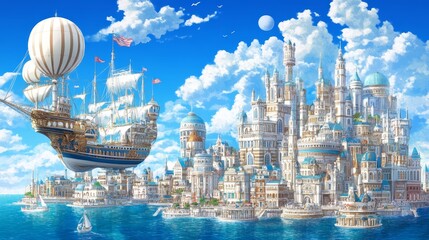 Obraz premium Floating Airship Cityscape Coastal Fantasy Town