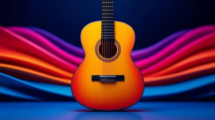 Naklejka premium A vibrant guitar against a colorful abstract wave backdrop.