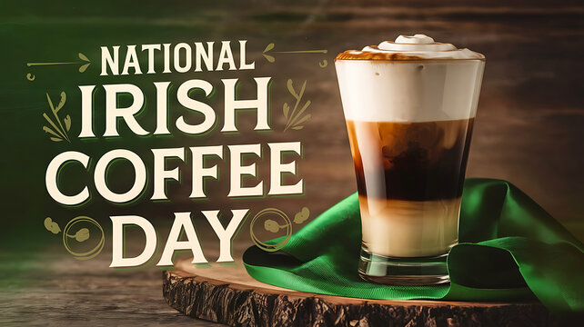 National Irish Coffee Day Text Banner with Stunning Irish Coffee Background