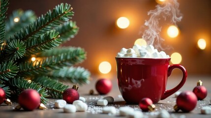 A Warm Mug of Cocoa Topped with Marshmallows, Festive Ornaments, and Evergreen Branches